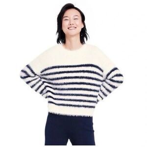 La Ligne x Target Fuzzy Yarn Crewneck Sweater Womens M Off White Blue Striped